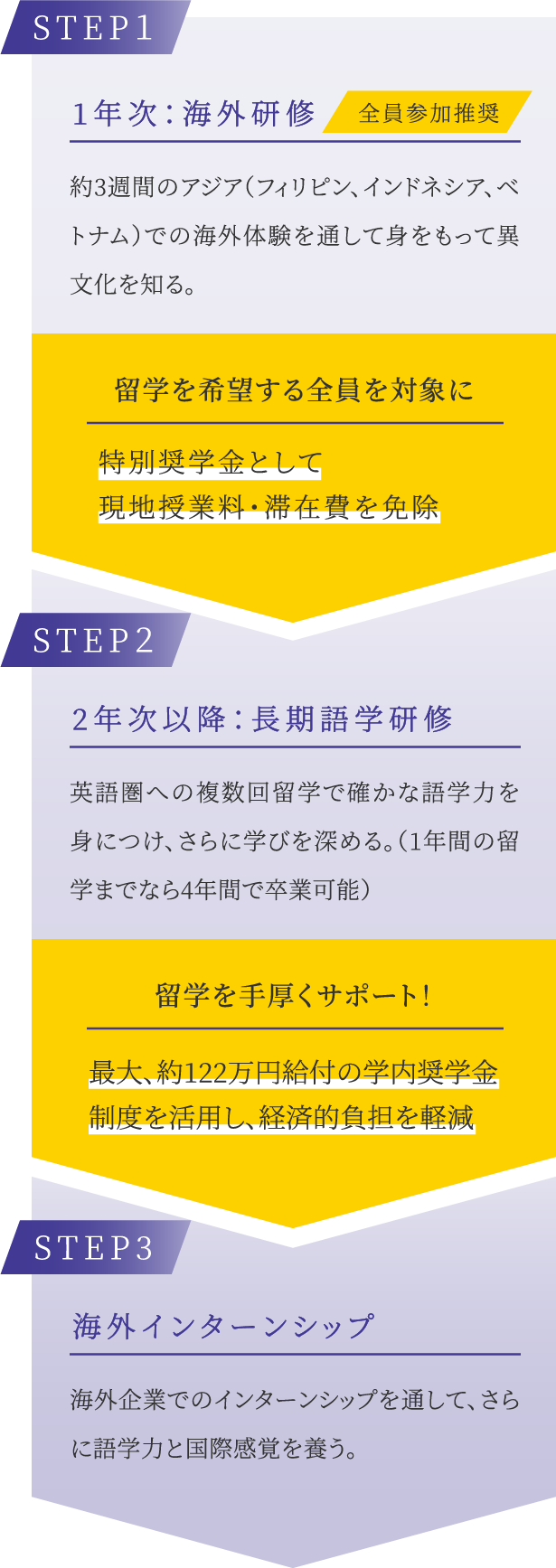 STEP1 1年次：海外研修 全員参加推奨/STEP2 2年次以降：長期語学研修/STEP3 海外インターンシップ